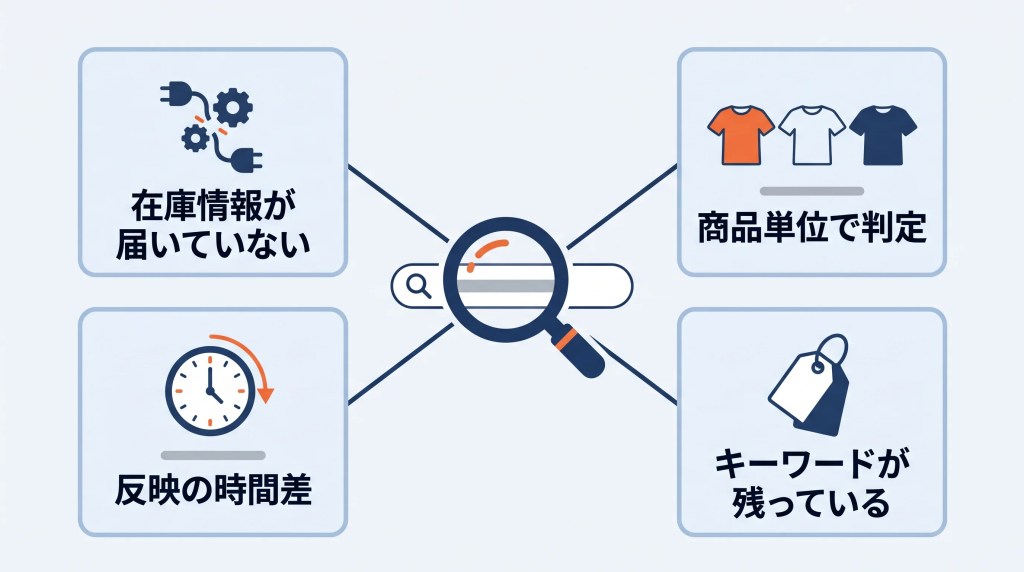 在庫切れ商品がサイト内検索に出続ける4つの原因：在庫情報の未連携、商品単位の判定、反映の時間差、残ったキーワード