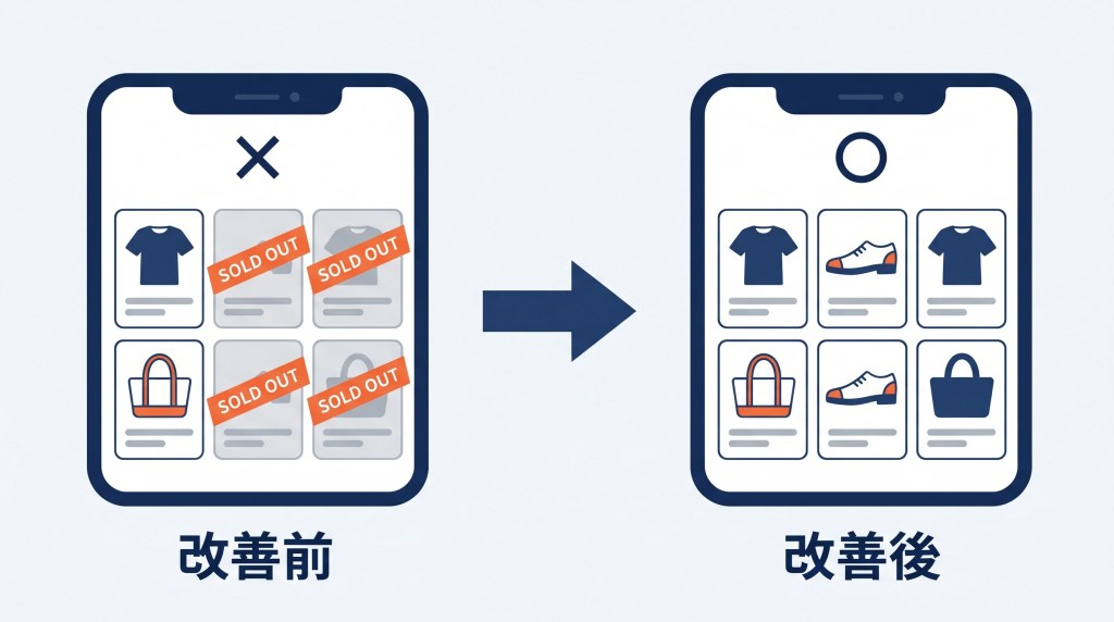 サイト内検索の結果に在庫切れ商品が並ぶ画面と、在庫のある商品が並ぶ画面の比較
