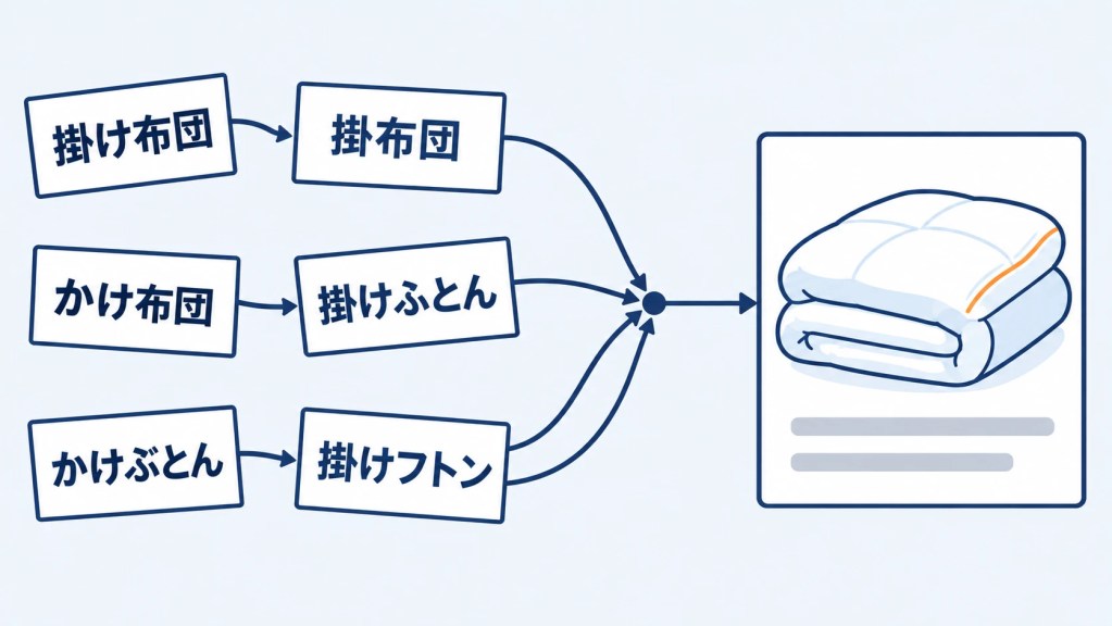 「掛け布団」「掛布団」「かけ布団」「掛けふとん」「かけぶとん」「掛けフトン」の6通りの書き方を、1つの商品に結びつけるイメージ