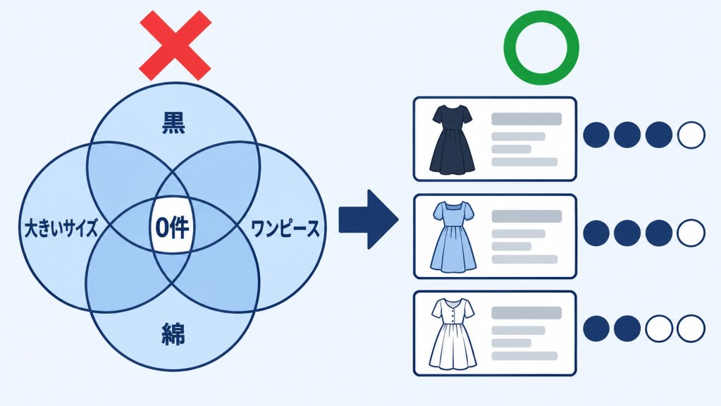 条件をすべて重ねると0件になり、条件を緩めると近い商品が表示される比較